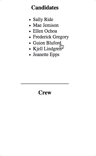 Gif of the Candidates and Crew list interactivity.