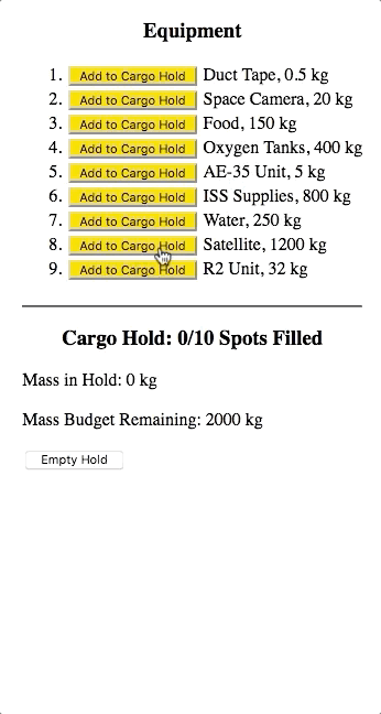 Gif of Equipment list and Cargo Hold interactivity.