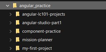 A file tree. The root folder is "angular_practice" (not initialized with git).  5 subdirectories below, each has its own repo.