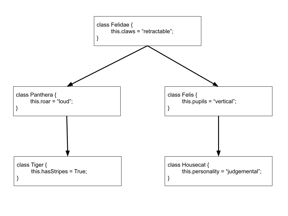 Figure showing that panthera and felis inherit from felidae, tiger inherits from panthera, and housecat inherits from felis.